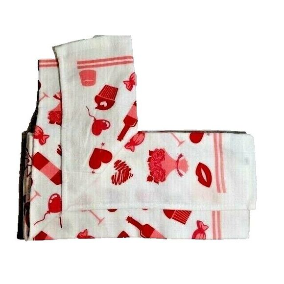 Love Letters Kitchen Towels 2pc Balloons Cupcake Roses Hearts Red White Gift NEW - Picture 3 of 3